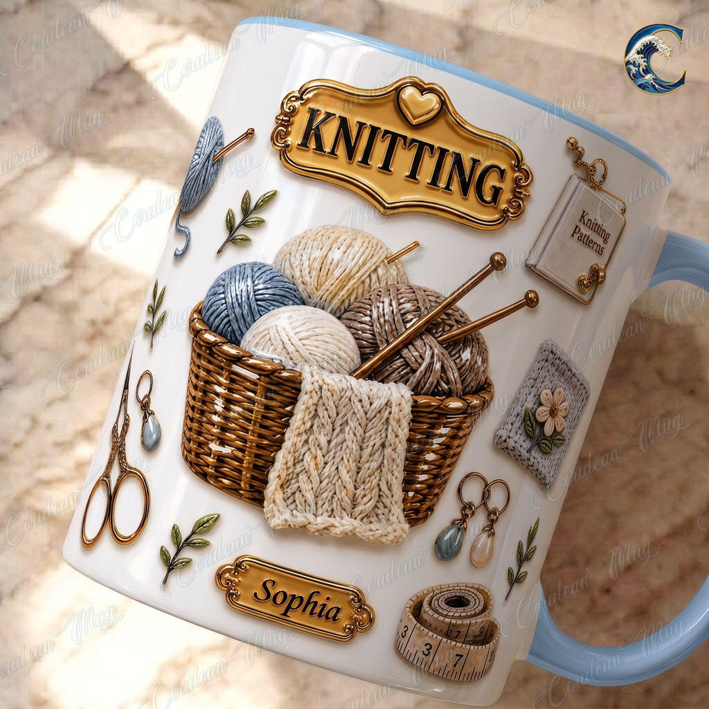 Custom Name Knitting Pattern Mug, Yarn Basket Knitter Coffee Mug, Boho Knitting Lover Gift Mug, Knitting Needle Name Mug, Hobby Gift