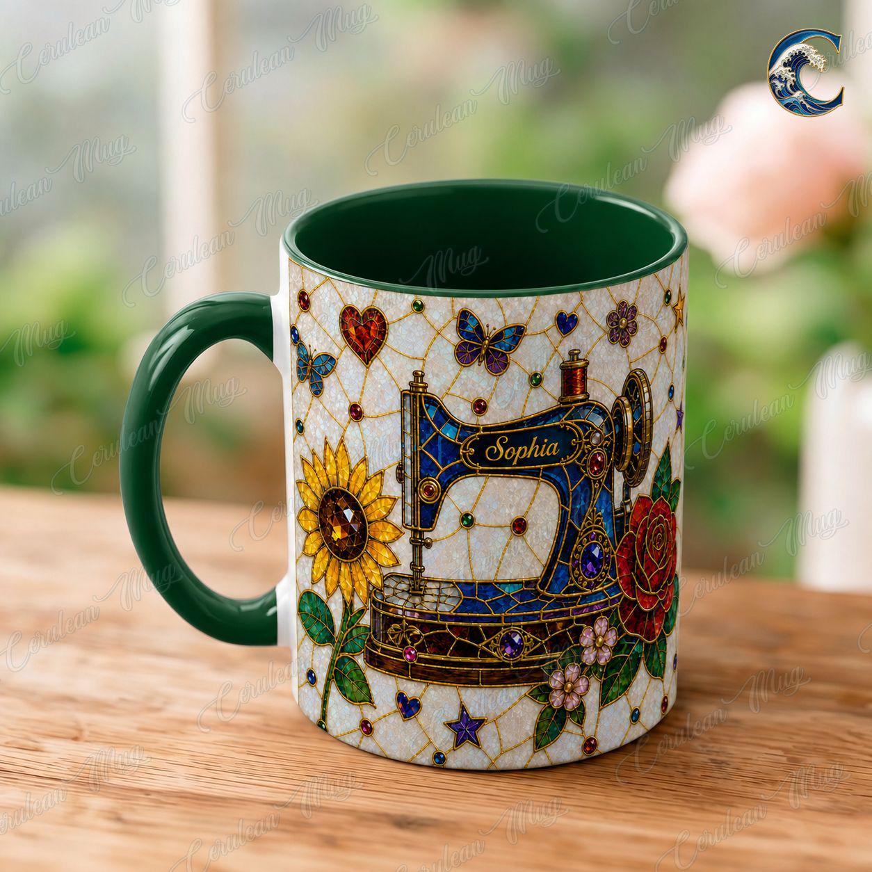 Personalized Sewing Machine Mug, Custom Name Coffee Mug, Stained Glass Floral Mug, Quilter Sewing Lover Mug, Seamstress Gift