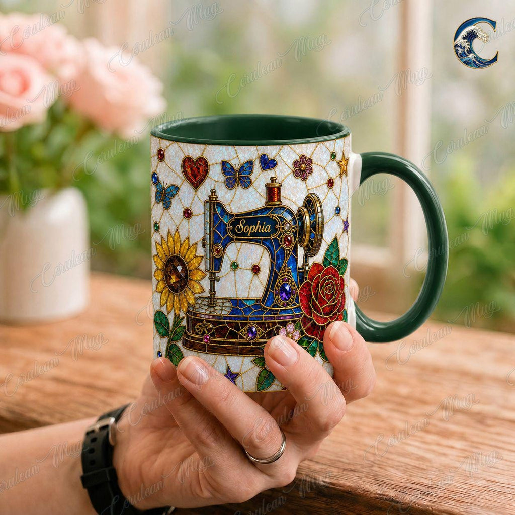 Personalized Sewing Machine Mug, Custom Name Coffee Mug, Stained Glass Floral Mug, Quilter Sewing Lover Mug, Seamstress Gift