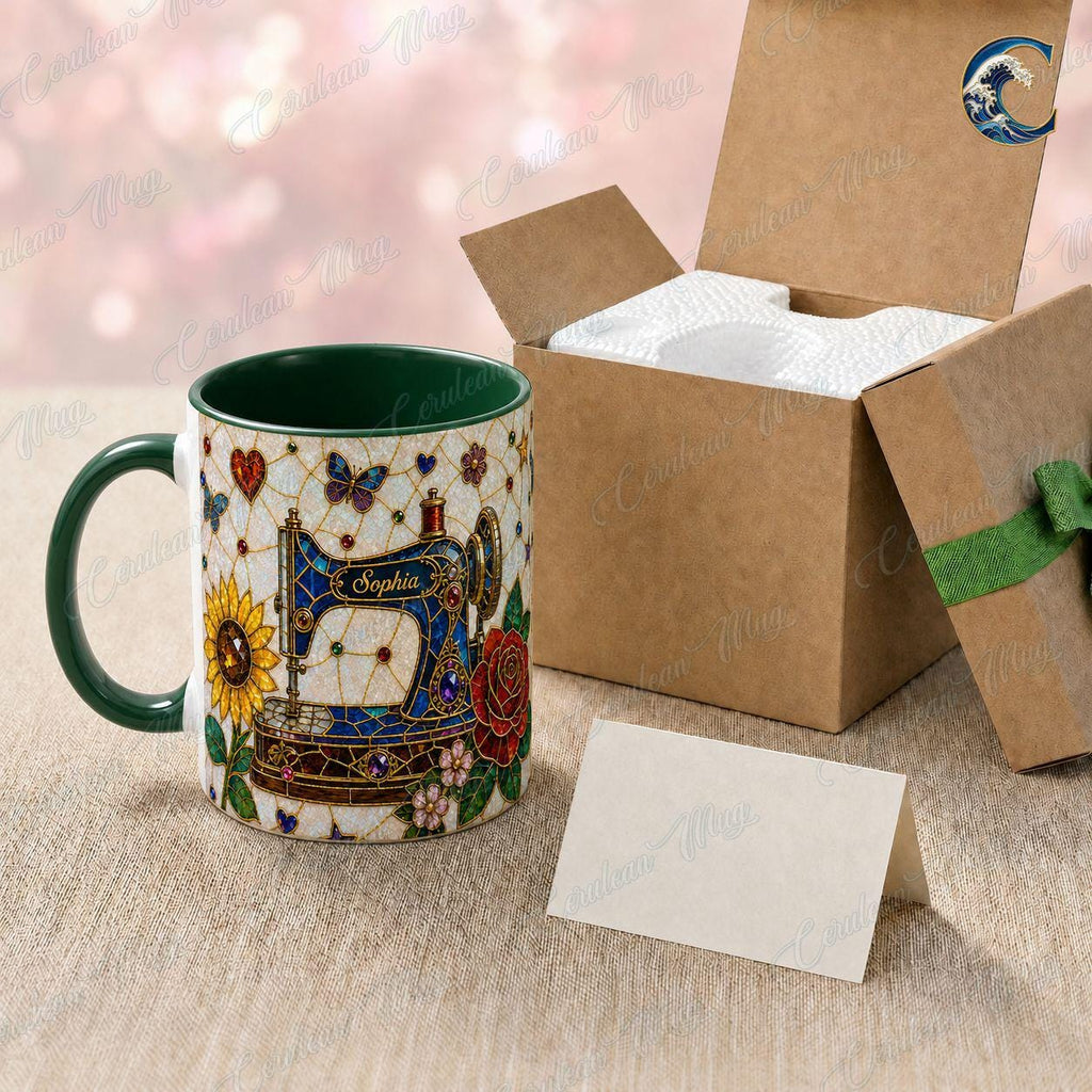Personalized Sewing Machine Mug, Custom Name Coffee Mug, Stained Glass Floral Mug, Quilter Sewing Lover Mug, Seamstress Gift