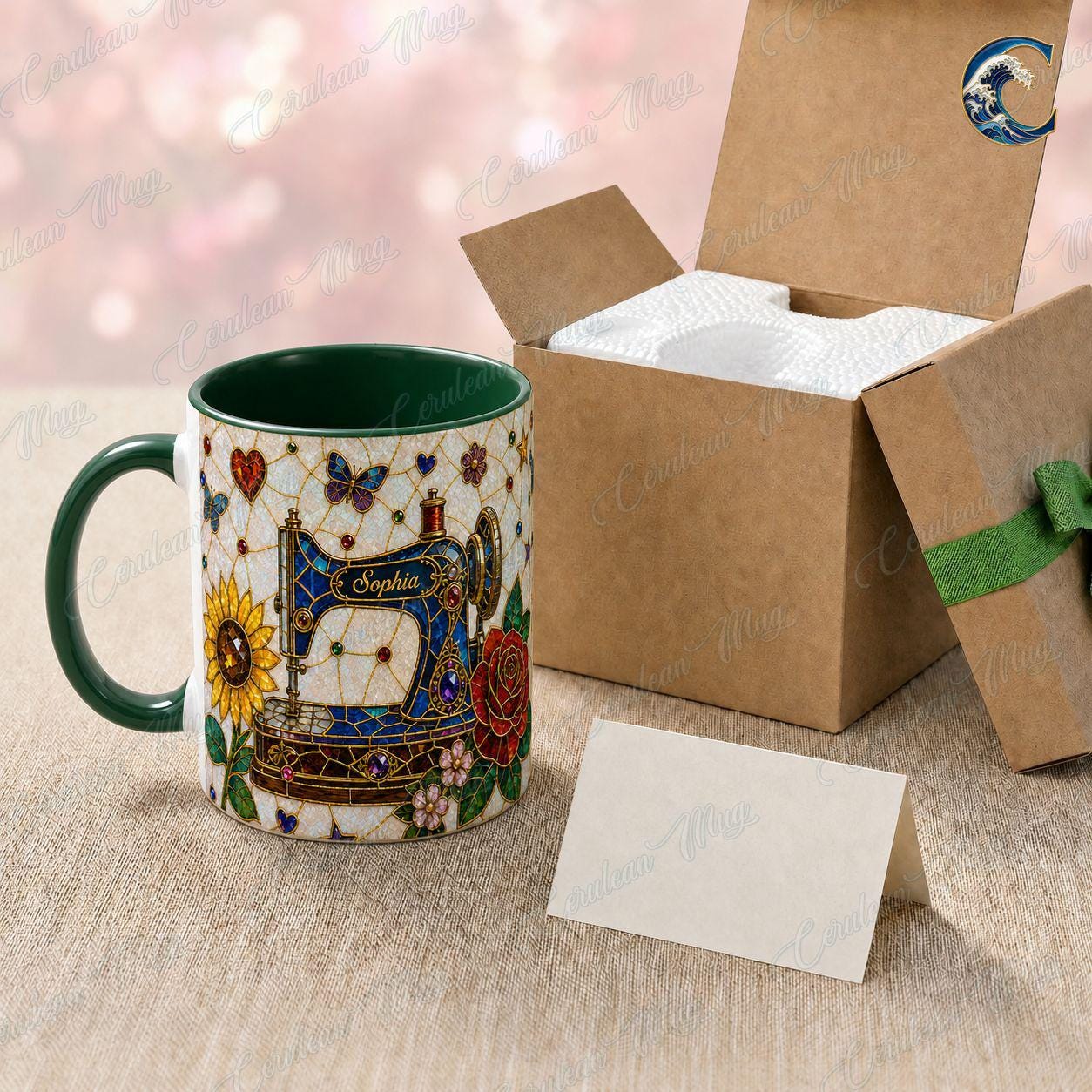 Personalized Sewing Machine Mug, Custom Name Coffee Mug, Stained Glass Floral Mug, Quilter Sewing Lover Mug, Seamstress Gift