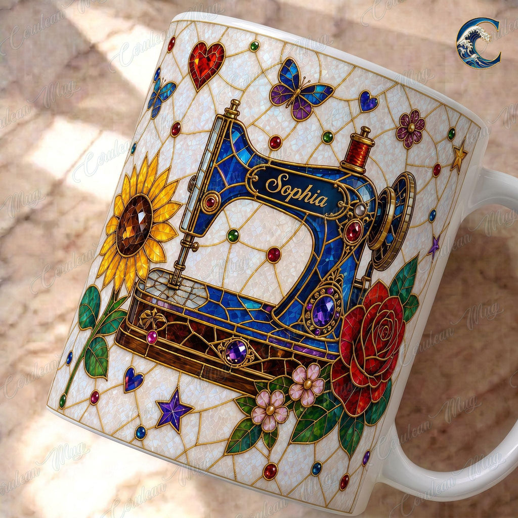Personalized Sewing Machine Mug, Custom Name Coffee Mug, Stained Glass Floral Mug, Quilter Sewing Lover Mug, Seamstress Gift