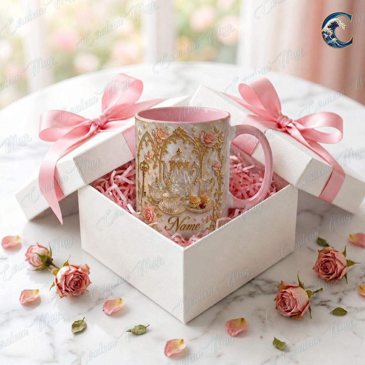 Personalized Elegant Tea Mug, Luxury Teapot Pearl Coffee Mug, Rose Gold Design Mug, Luxury Tea Lover Mug, Vintage Teacup Gift