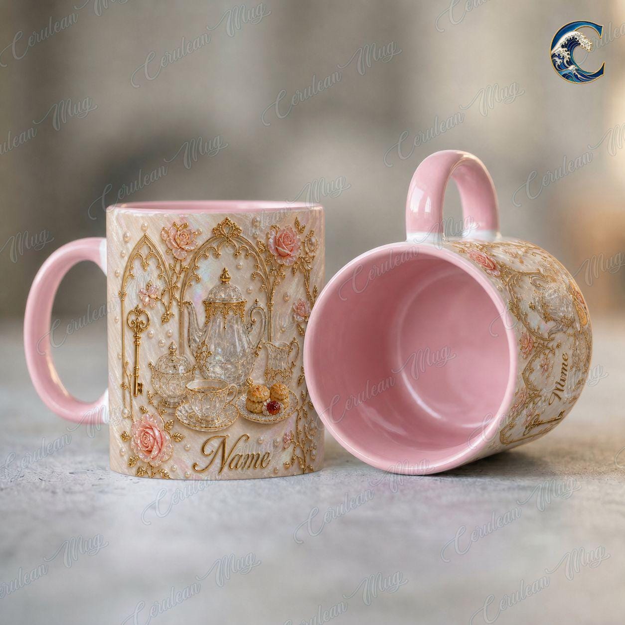 Personalized Elegant Tea Mug, Luxury Teapot Pearl Coffee Mug, Rose Gold Design Mug, Luxury Tea Lover Mug, Vintage Teacup Gift