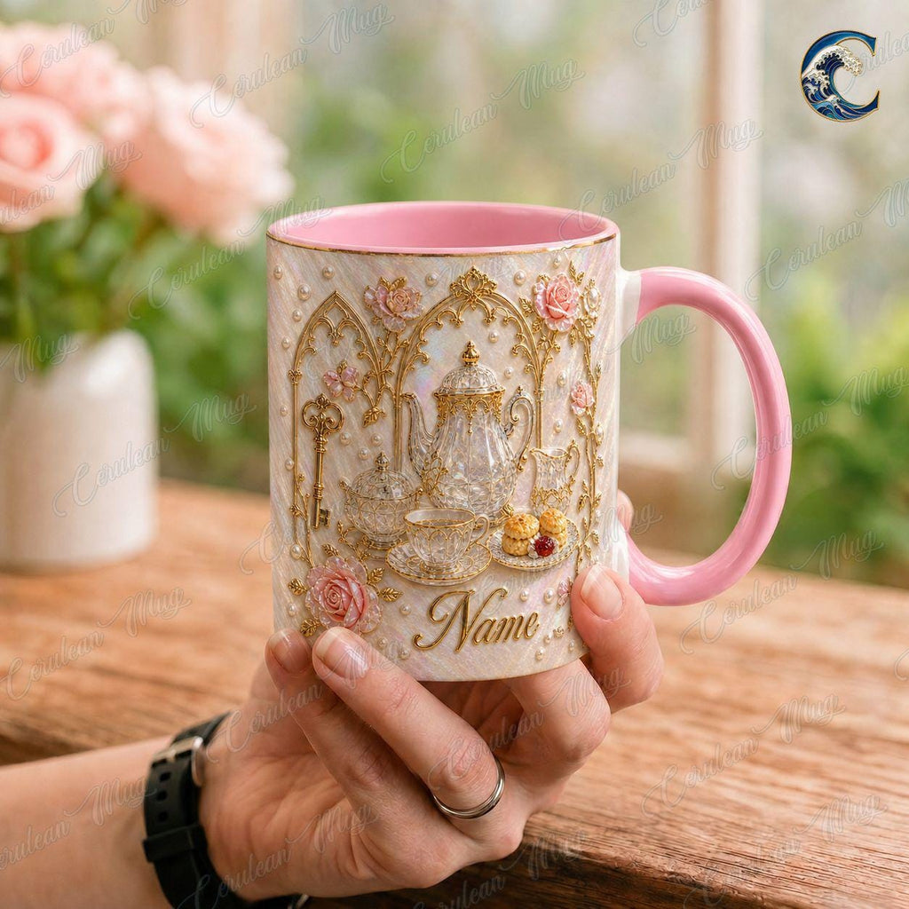 Personalized Elegant Tea Mug, Luxury Teapot Pearl Coffee Mug, Rose Gold Design Mug, Luxury Tea Lover Mug, Vintage Teacup Gift