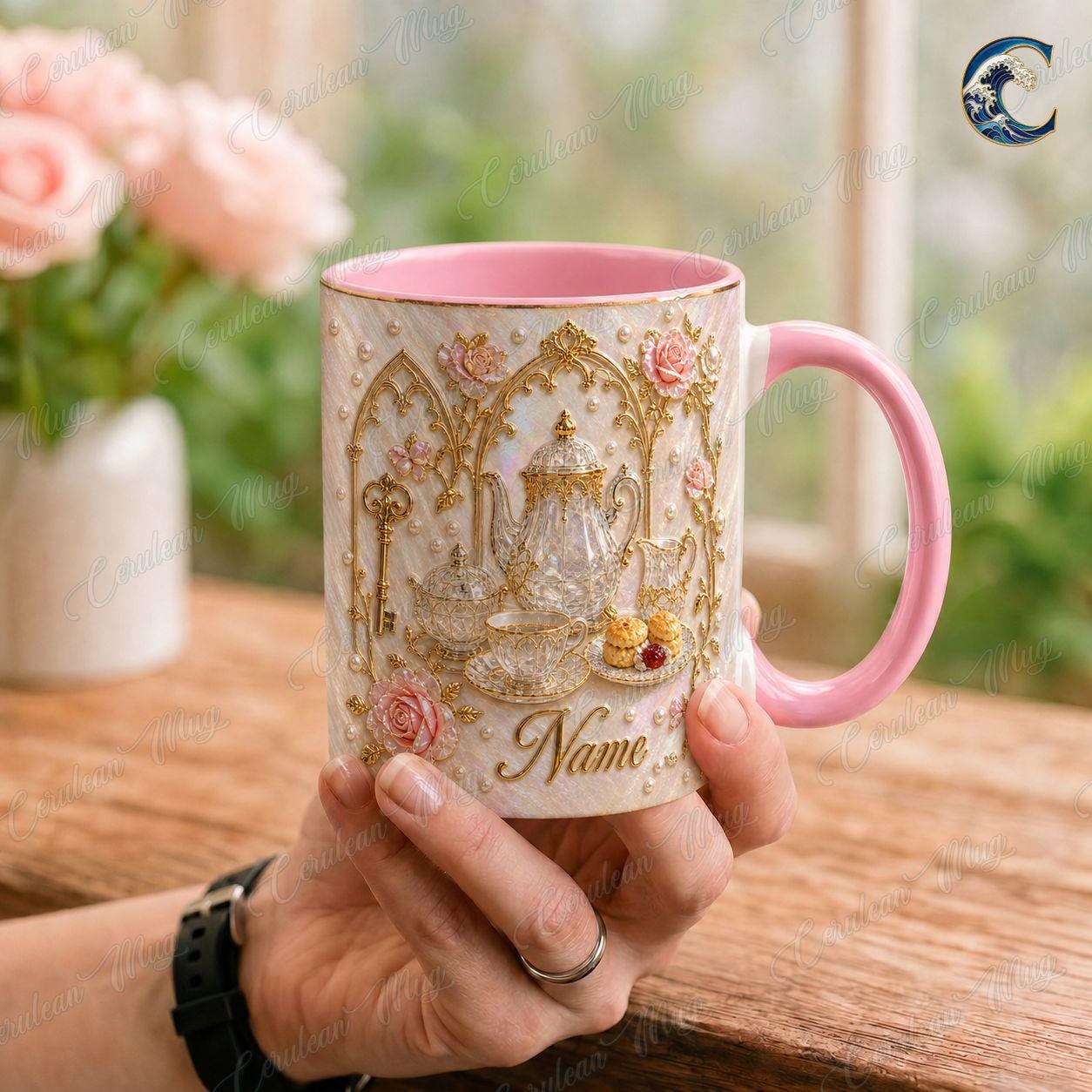 Personalized Elegant Tea Mug, Luxury Teapot Pearl Coffee Mug, Rose Gold Design Mug, Luxury Tea Lover Mug, Vintage Teacup Gift