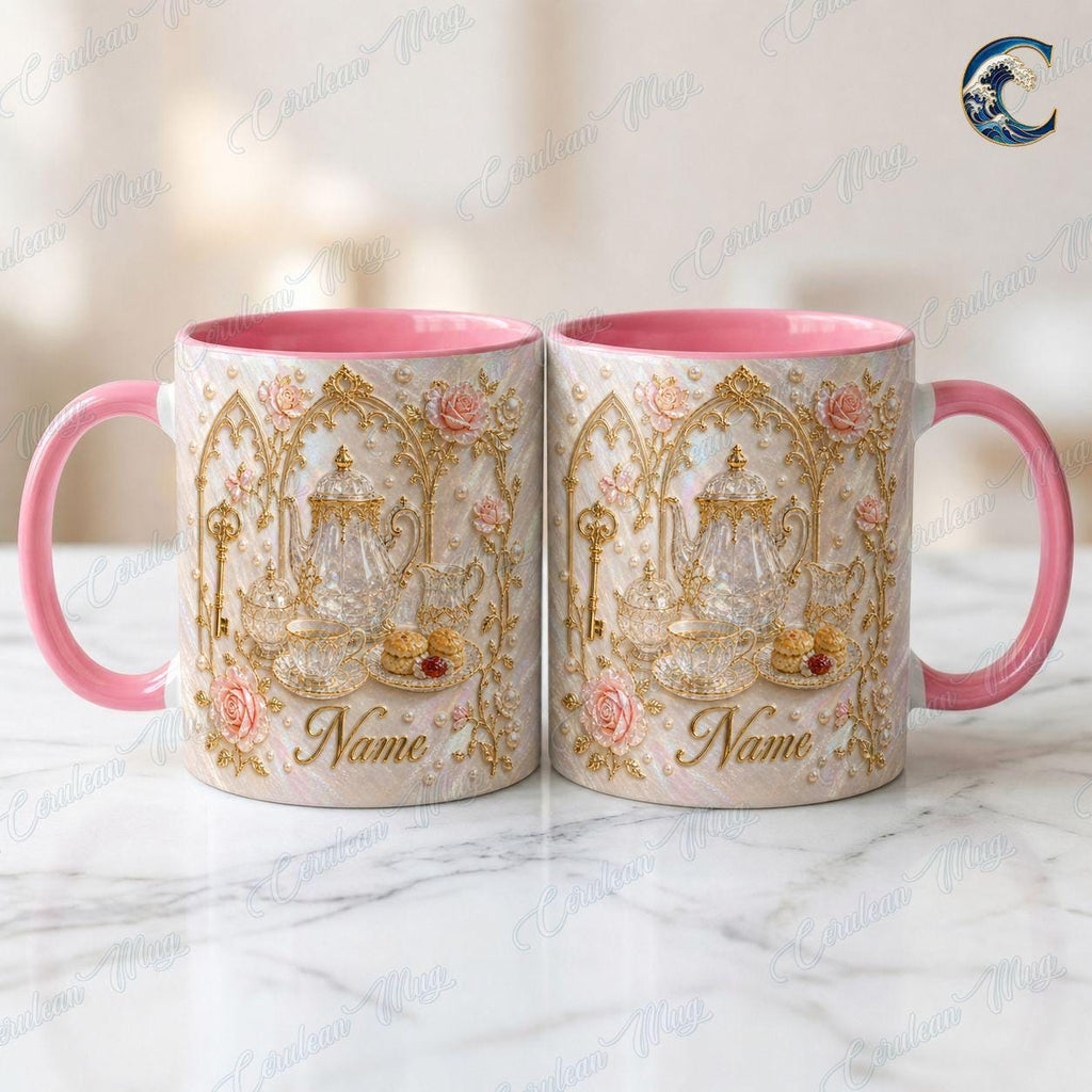 Personalized Elegant Tea Mug, Luxury Teapot Pearl Coffee Mug, Rose Gold Design Mug, Luxury Tea Lover Mug, Vintage Teacup Gift