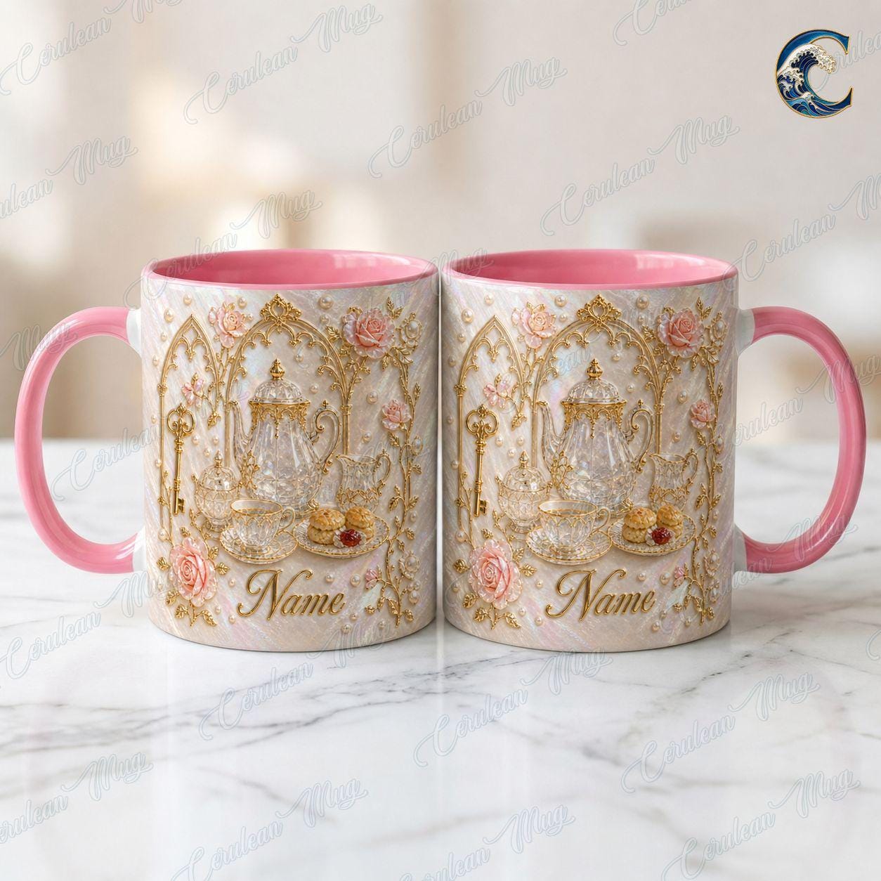 Personalized Elegant Tea Mug, Luxury Teapot Pearl Coffee Mug, Rose Gold Design Mug, Luxury Tea Lover Mug, Vintage Teacup Gift