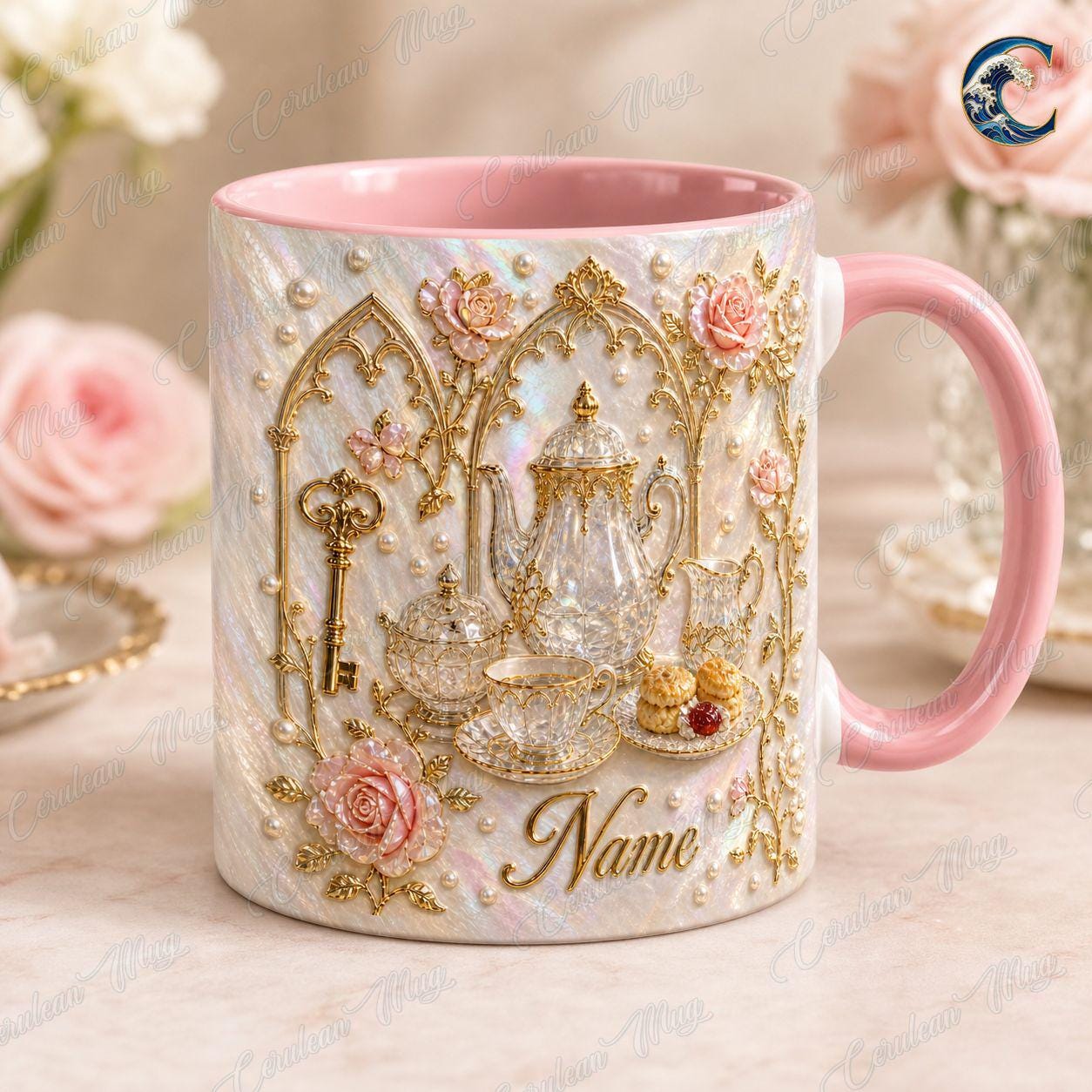 Personalized Elegant Tea Mug, Luxury Teapot Pearl Coffee Mug, Rose Gold Design Mug, Luxury Tea Lover Mug, Vintage Teacup Gift
