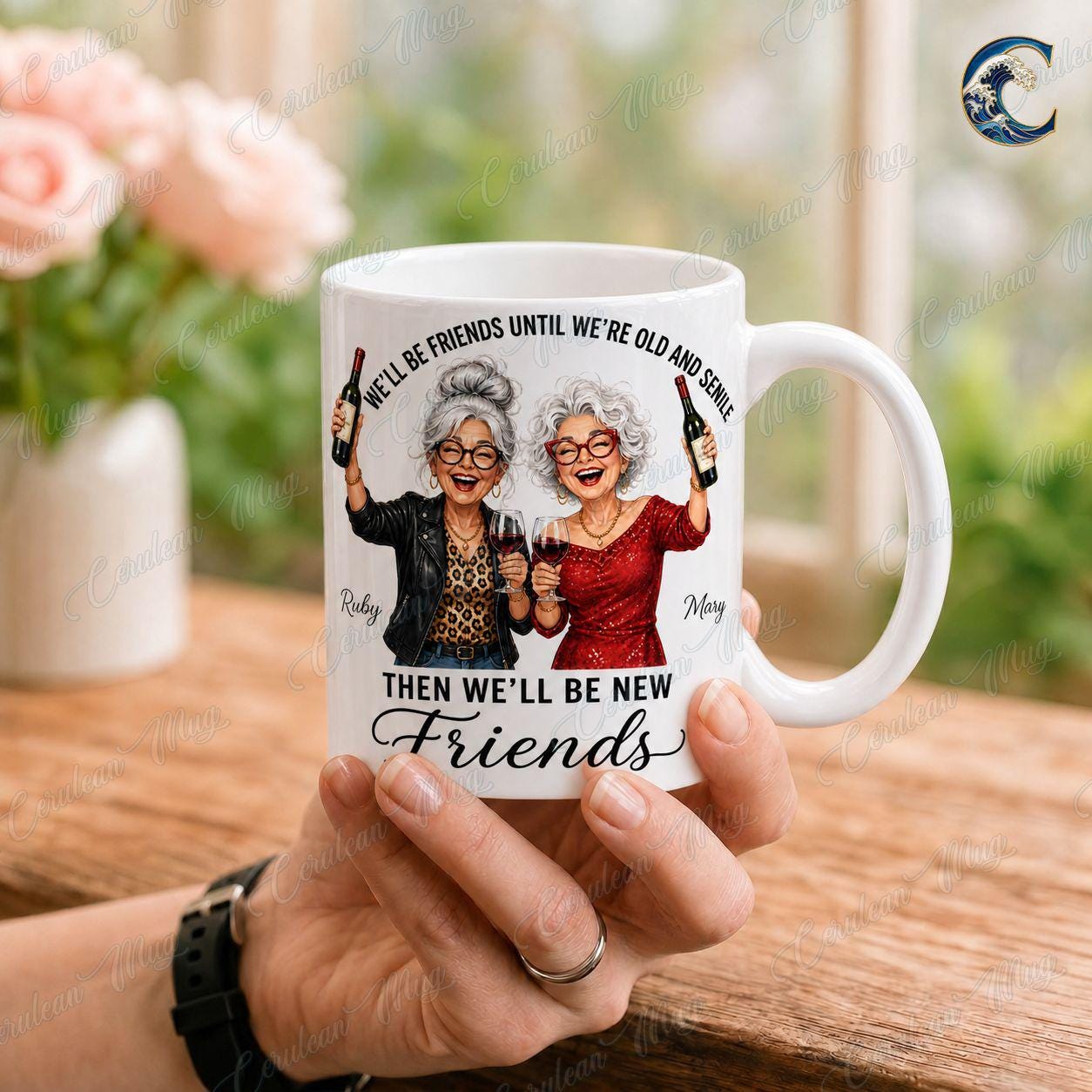 Personalized Best Friend Mug, Funny Wine Lover Coffee Mug, Old And Senile Mug, Custom Name Bestie Friends Mug, Best Friend Gift