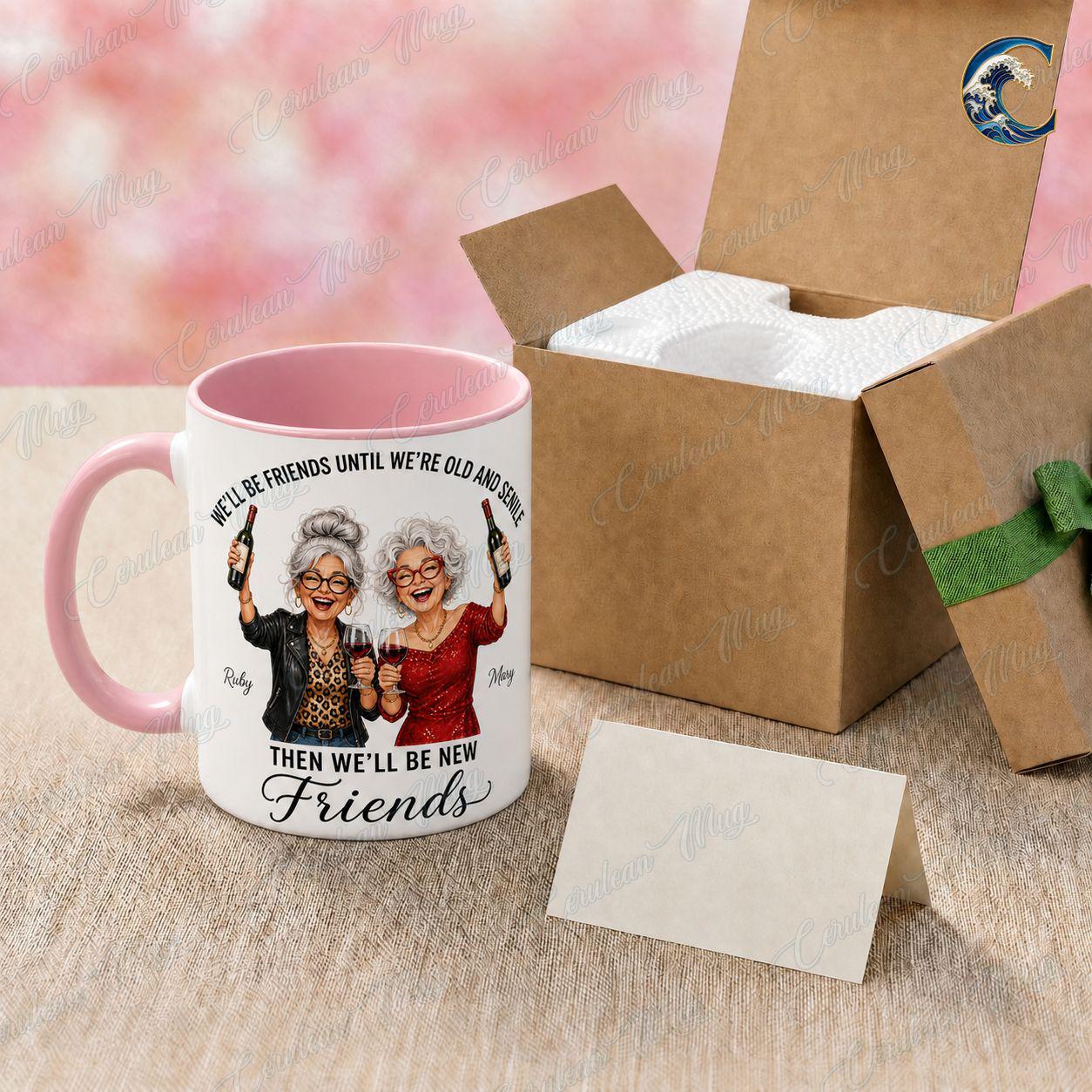Personalized Best Friend Mug, Funny Wine Lover Coffee Mug, Old And Senile Mug, Custom Name Bestie Friends Mug, Best Friend Gift