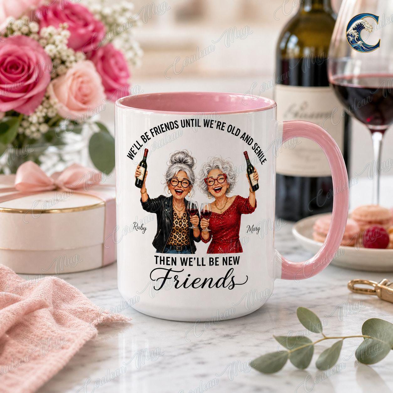 Personalized Best Friend Mug, Funny Wine Lover Coffee Mug, Old And Senile Mug, Custom Name Bestie Friends Mug, Best Friend Gift