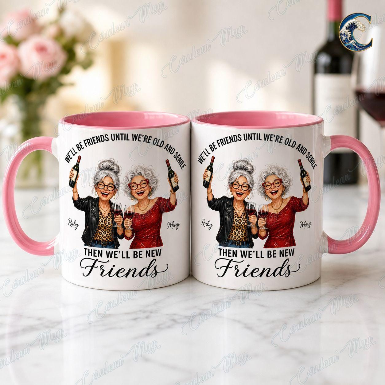 Personalized Best Friend Mug, Funny Wine Lover Coffee Mug, Old And Senile Mug, Custom Name Bestie Friends Mug, Best Friend Gift