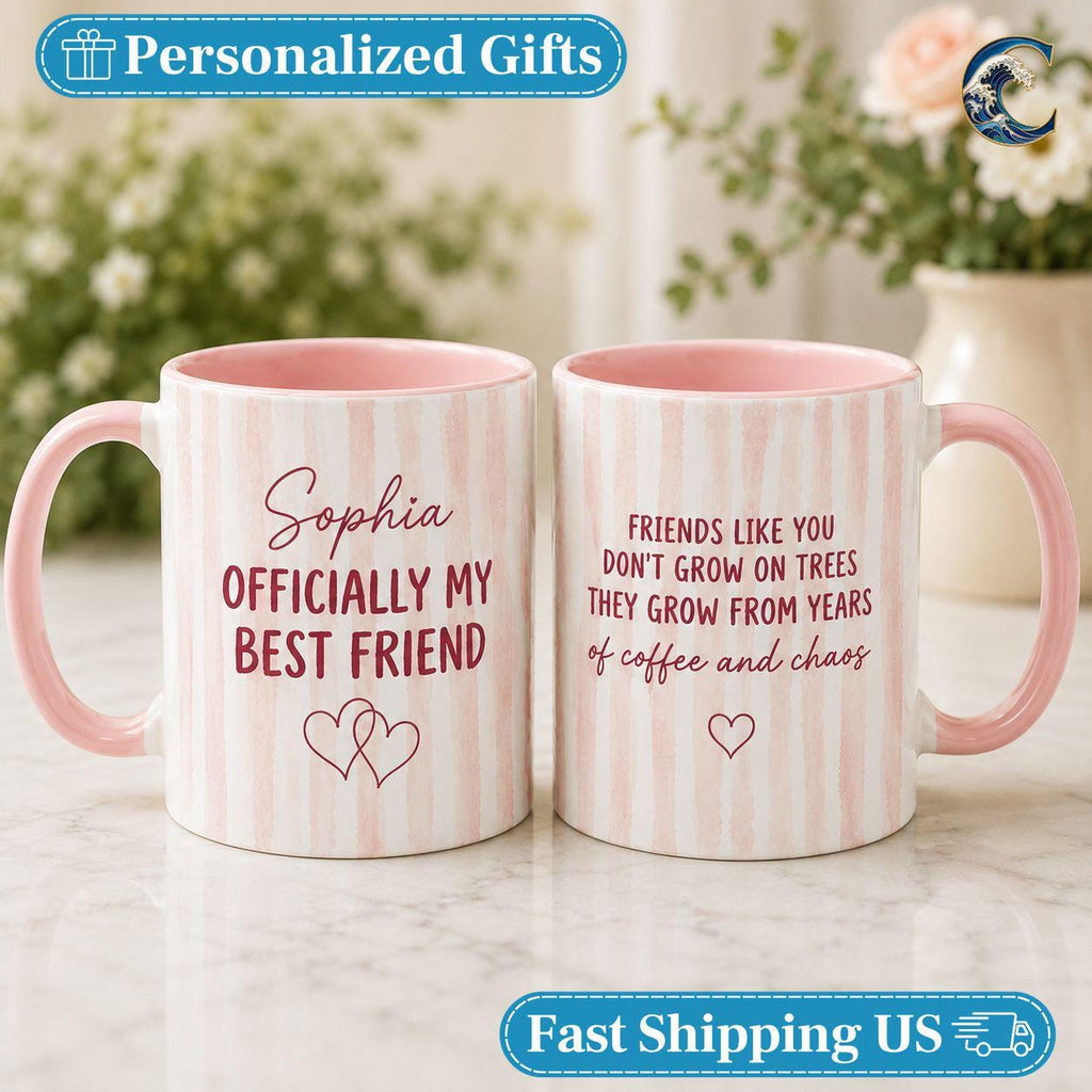 Personalized Officially My Best Friend Mug, Custom Name Coffee Mug, Coffee And Chaos Mug, Pink Heart Bestie Mug, Best Friend Gift