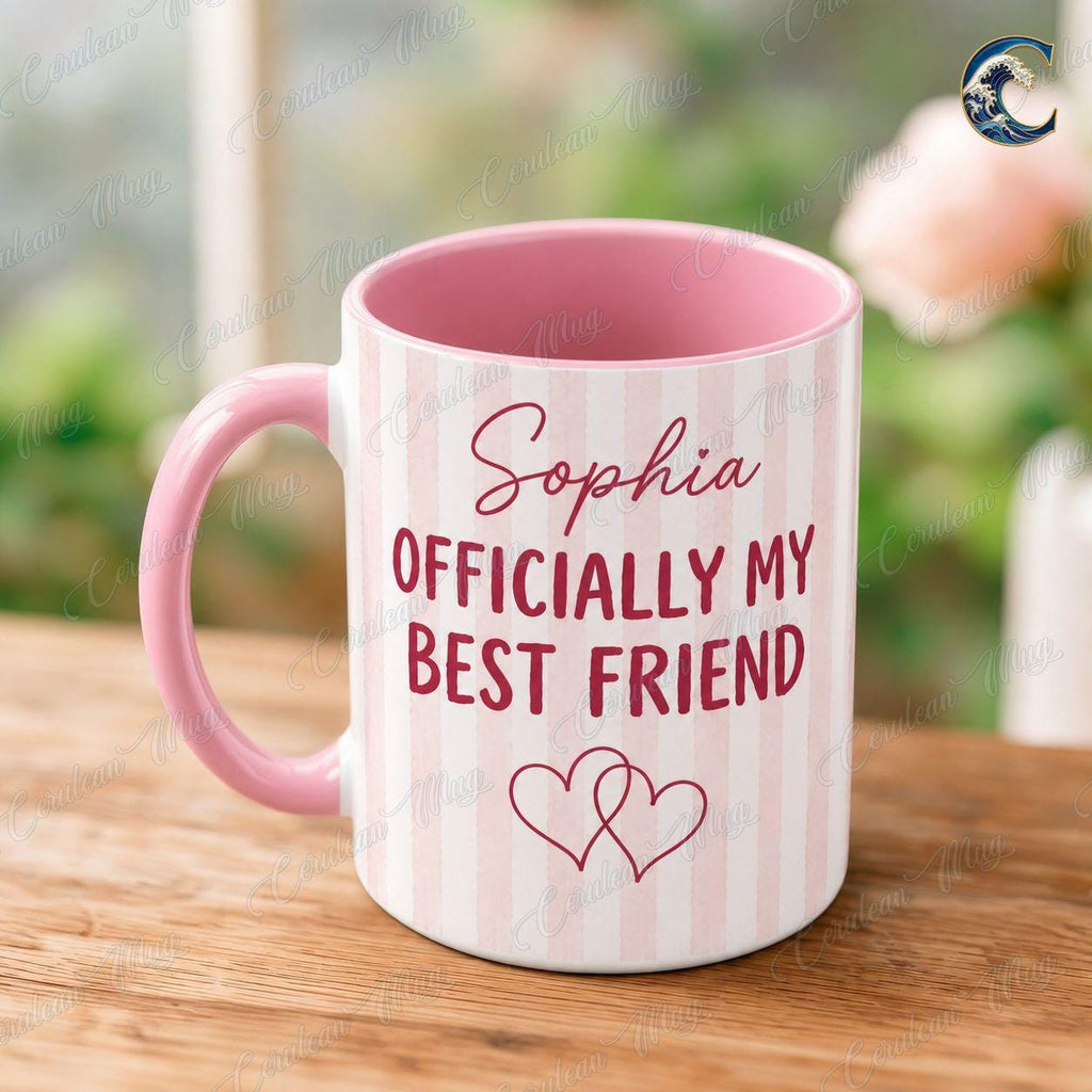 Personalized Officially My Best Friend Mug, Custom Name Coffee Mug, Coffee And Chaos Mug, Pink Heart Bestie Mug, Best Friend Gift