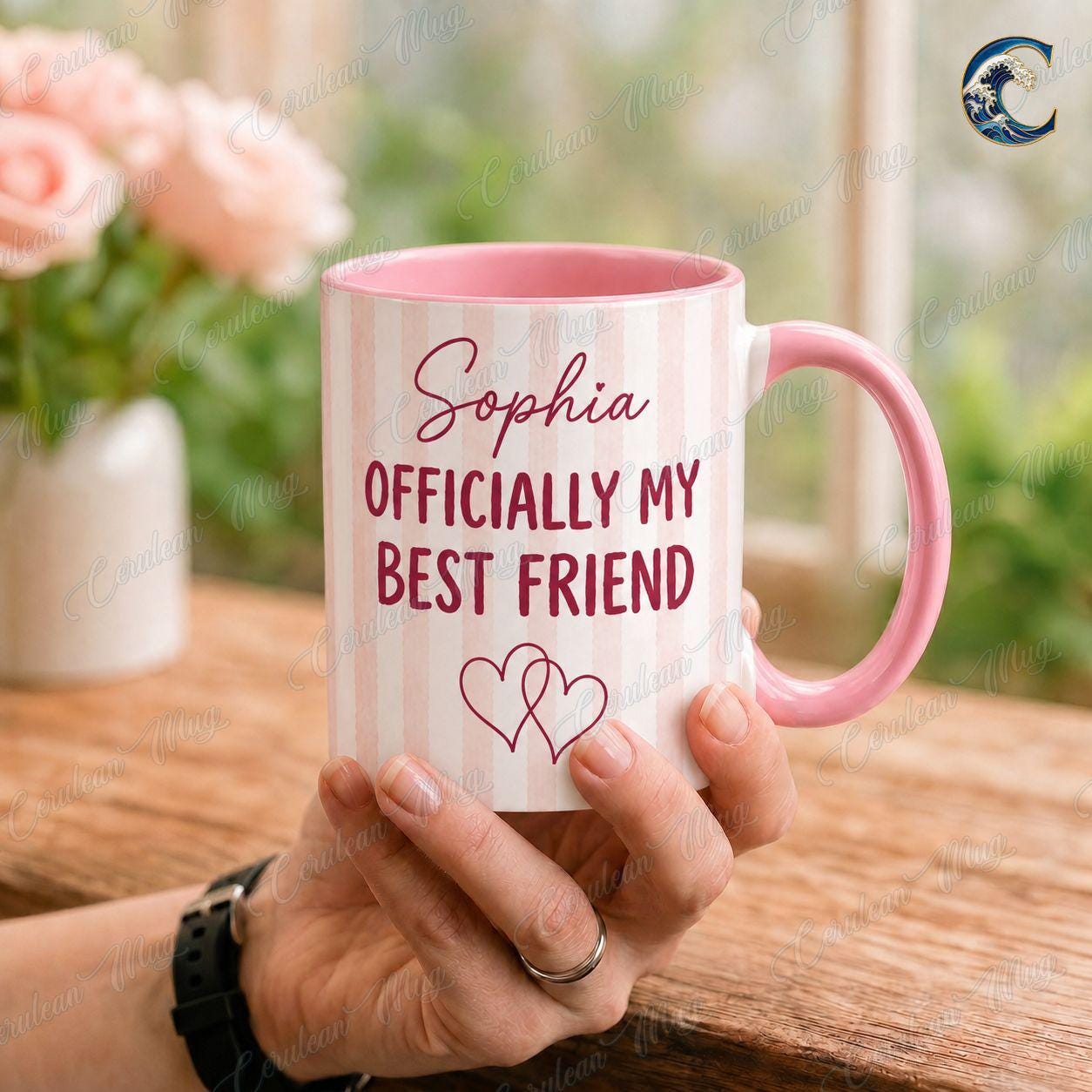 Personalized Officially My Best Friend Mug, Custom Name Coffee Mug, Coffee And Chaos Mug, Pink Heart Bestie Mug, Best Friend Gift