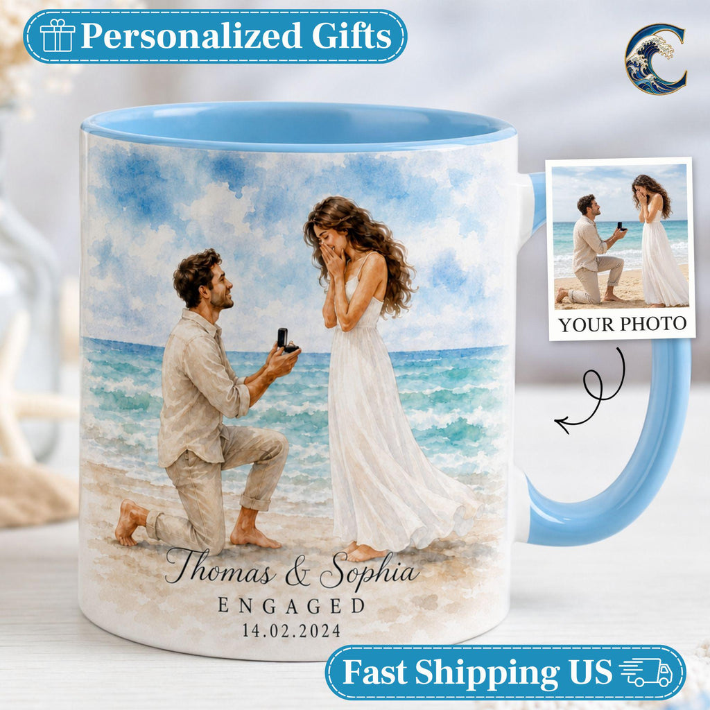 Personalized Proposal Mug, Custom Photo Coffee Mug, He Asked She Said Yes Mug, Beach Proposal Couple Mug, Engagement Gift