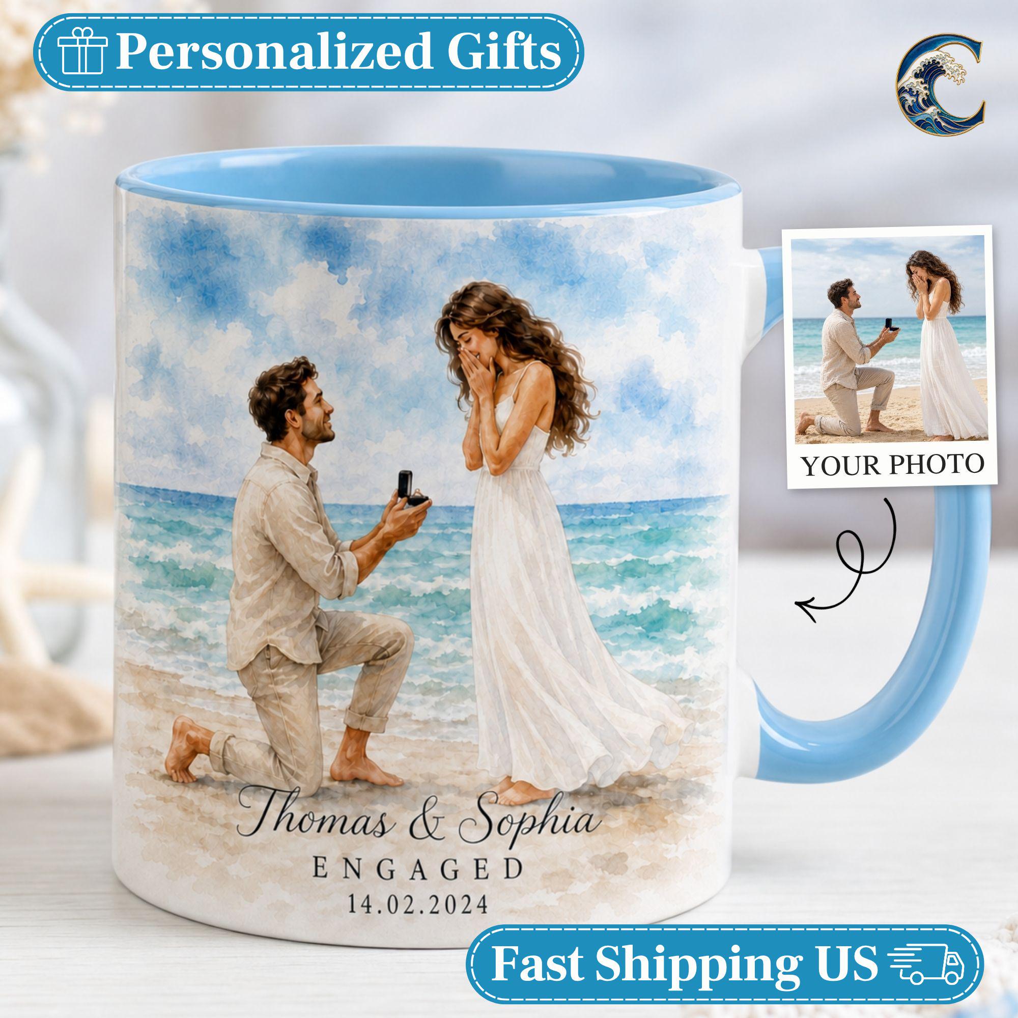 Personalized Proposal Mug, Custom Photo Coffee Mug, He Asked She Said Yes Mug, Beach Proposal Couple Mug, Engagement Gift