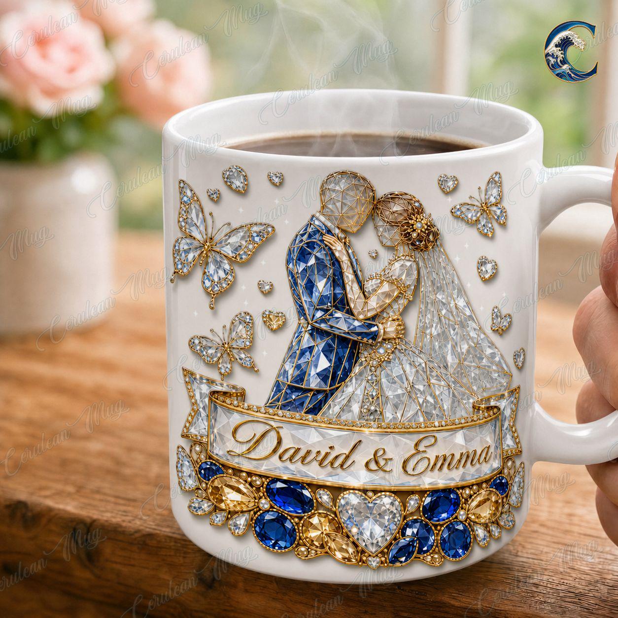 Personalized Bride Groom Wedding Celebration Mug, Wedding Coffee Mug, Engagement Diamonds Jewels Mug, Anniversary Love Mug, Engagement Gift