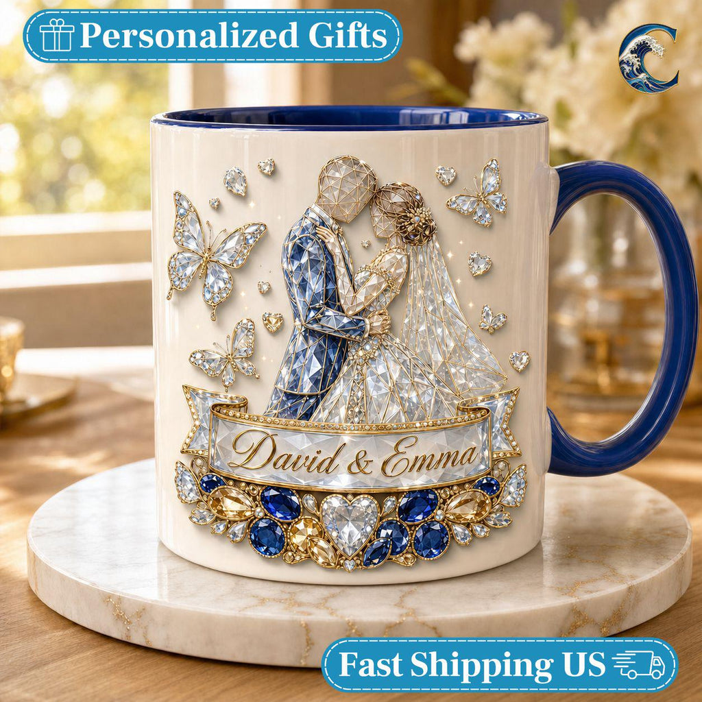 Personalized Bride Groom Wedding Celebration Mug, Wedding Coffee Mug, Engagement Diamonds Jewels Mug, Anniversary Love Mug, Engagement Gift