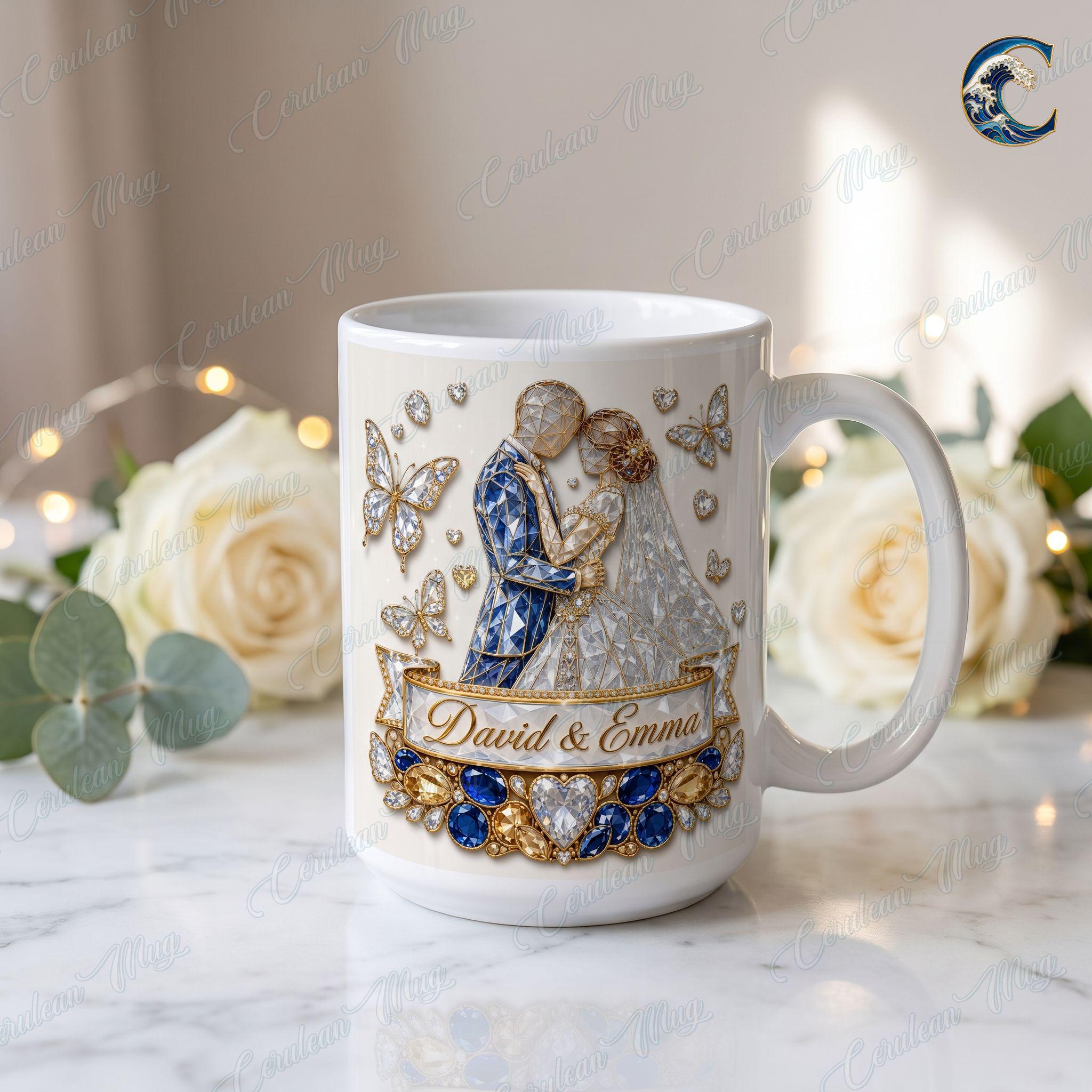 Personalized Bride Groom Wedding Celebration Mug, Wedding Coffee Mug, Engagement Diamonds Jewels Mug, Anniversary Love Mug, Engagement Gift