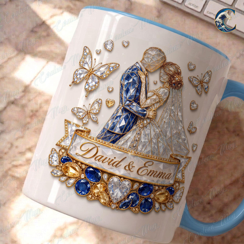 Personalized Bride Groom Wedding Celebration Mug, Wedding Coffee Mug, Engagement Diamonds Jewels Mug, Anniversary Love Mug, Engagement Gift