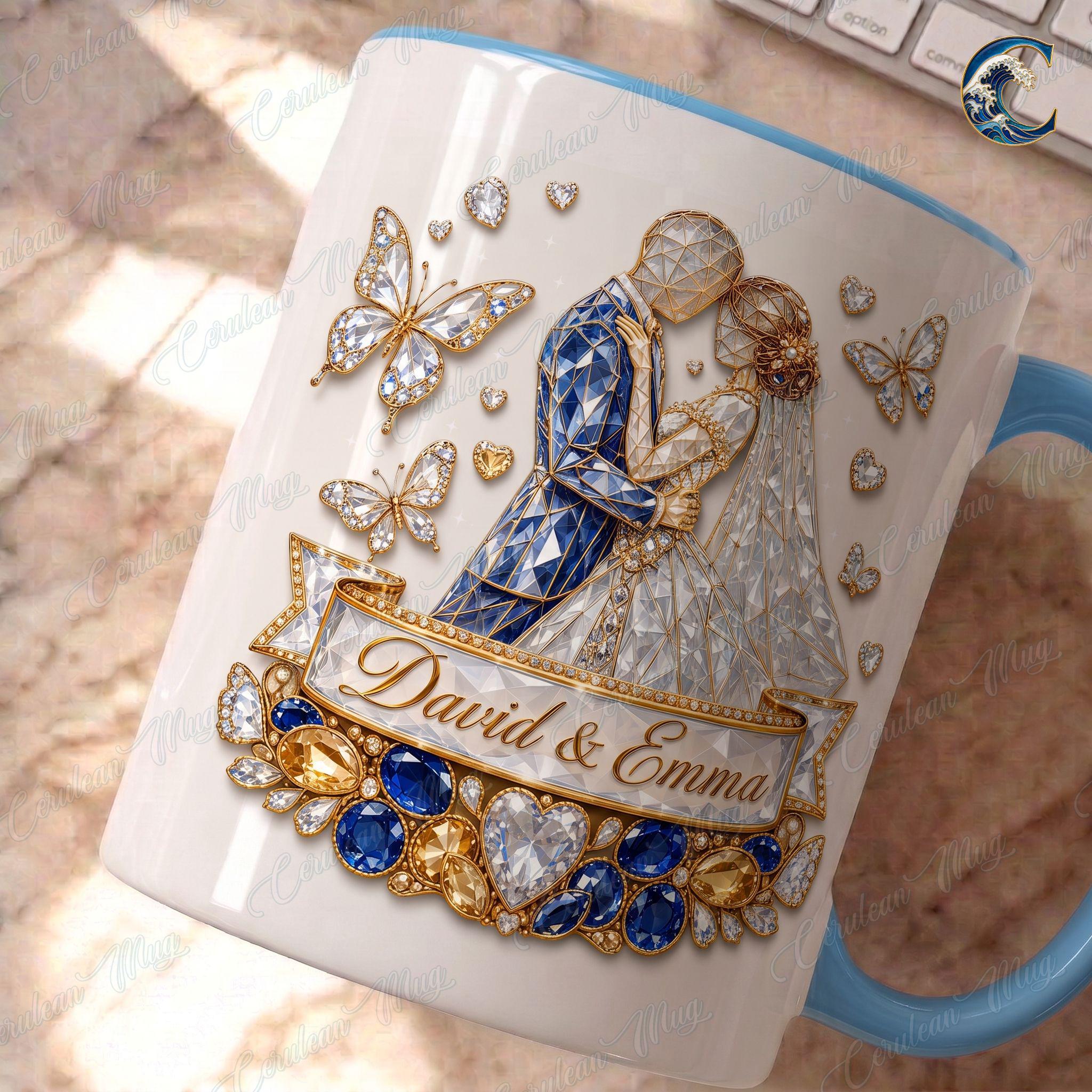 Personalized Bride Groom Wedding Celebration Mug, Wedding Coffee Mug, Engagement Diamonds Jewels Mug, Anniversary Love Mug, Engagement Gift