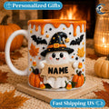 Personalized Halloween Ghost Mug, Custom Name Coffee Mug, Cute Witch Ghost Mug, Witch Hat Pumpkin Candy Mug, Halloween Party Gift