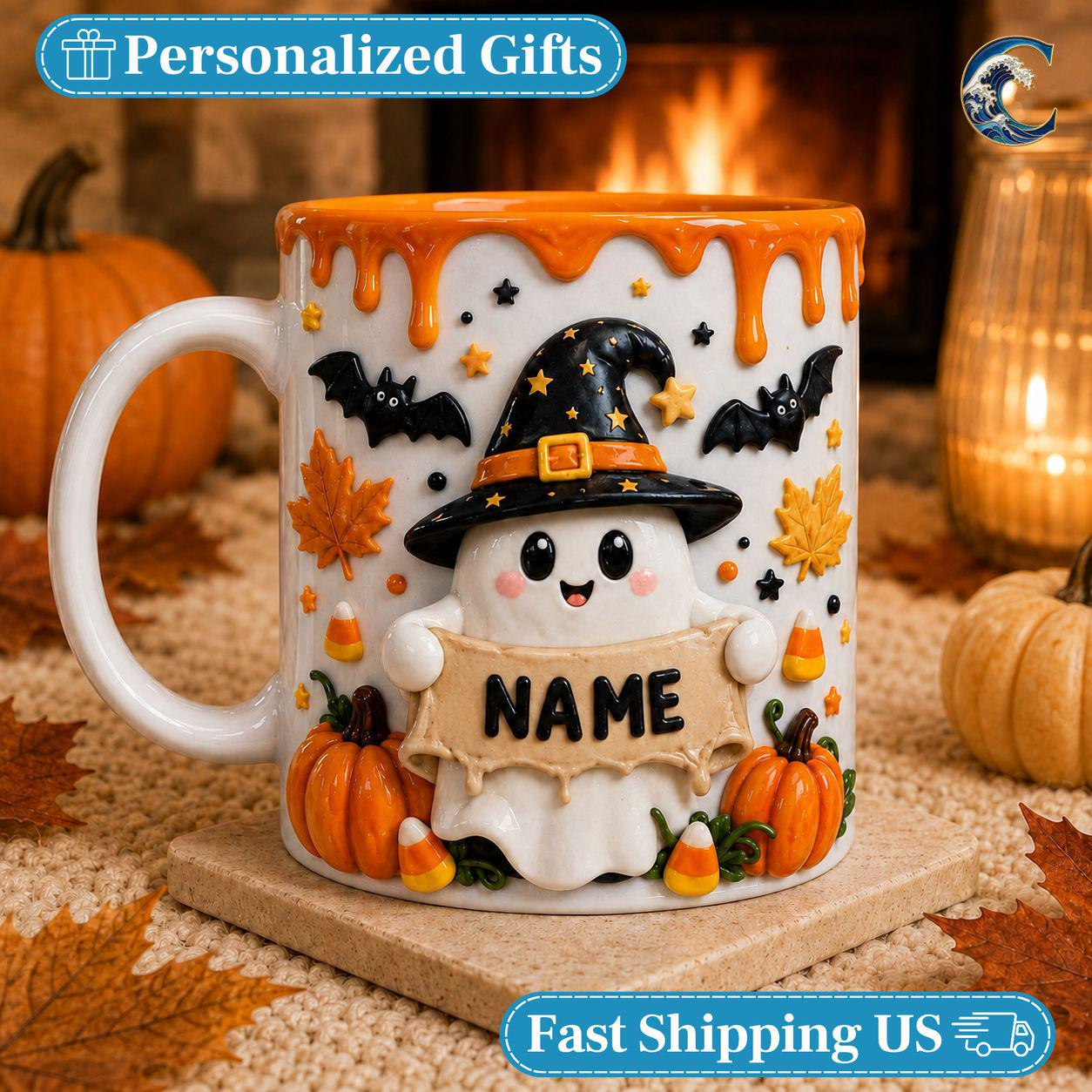 Personalized Halloween Ghost Mug, Custom Name Coffee Mug, Cute Witch Ghost Mug, Witch Hat Pumpkin Candy Mug, Halloween Party Gift