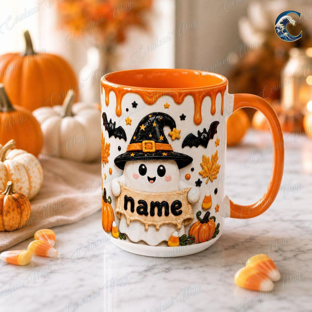 Personalized Halloween Ghost Mug, Custom Name Coffee Mug, Cute Witch Ghost Mug, Witch Hat Pumpkin Candy Mug, Halloween Party Gift