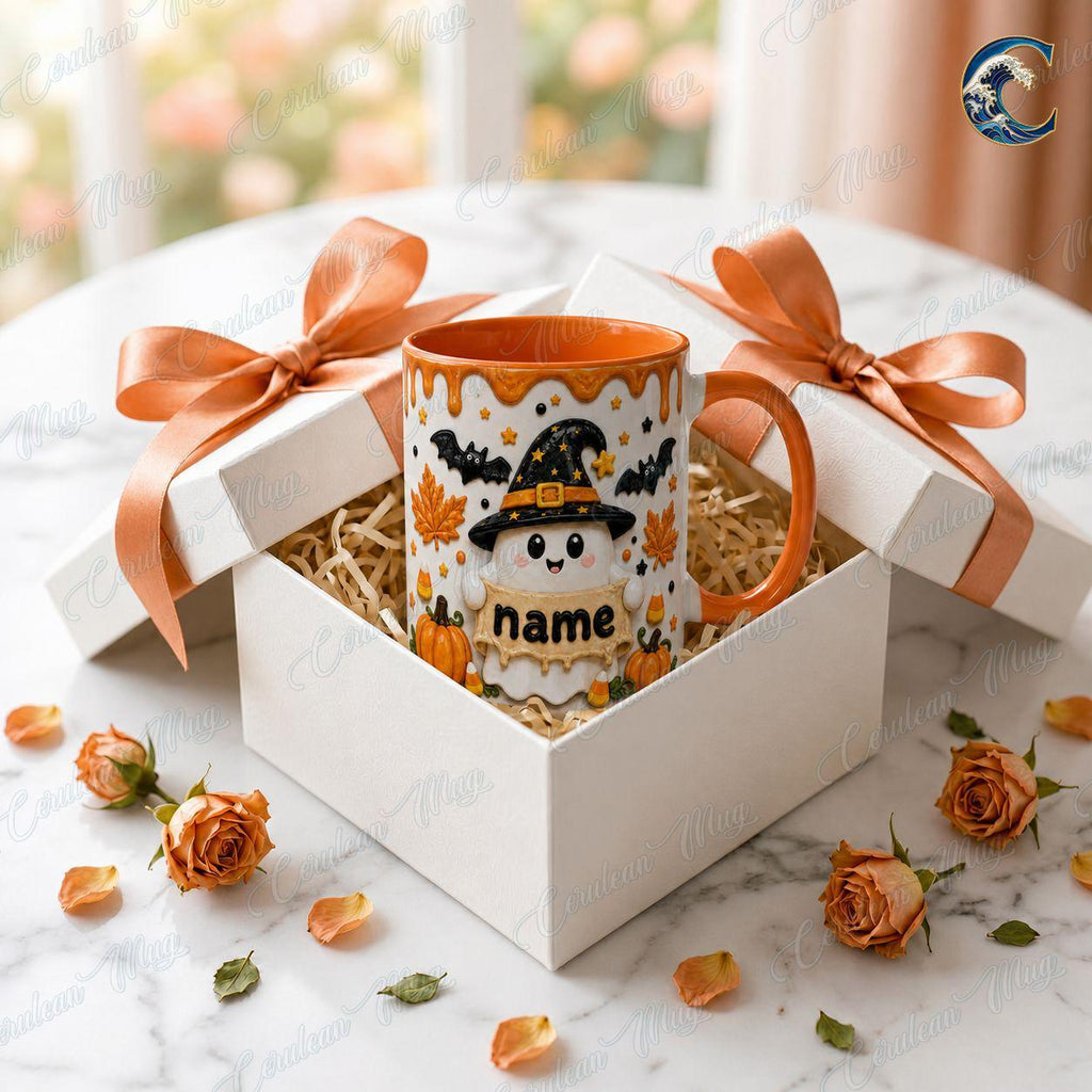 Personalized Halloween Ghost Mug, Custom Name Coffee Mug, Cute Witch Ghost Mug, Witch Hat Pumpkin Candy Mug, Halloween Party Gift