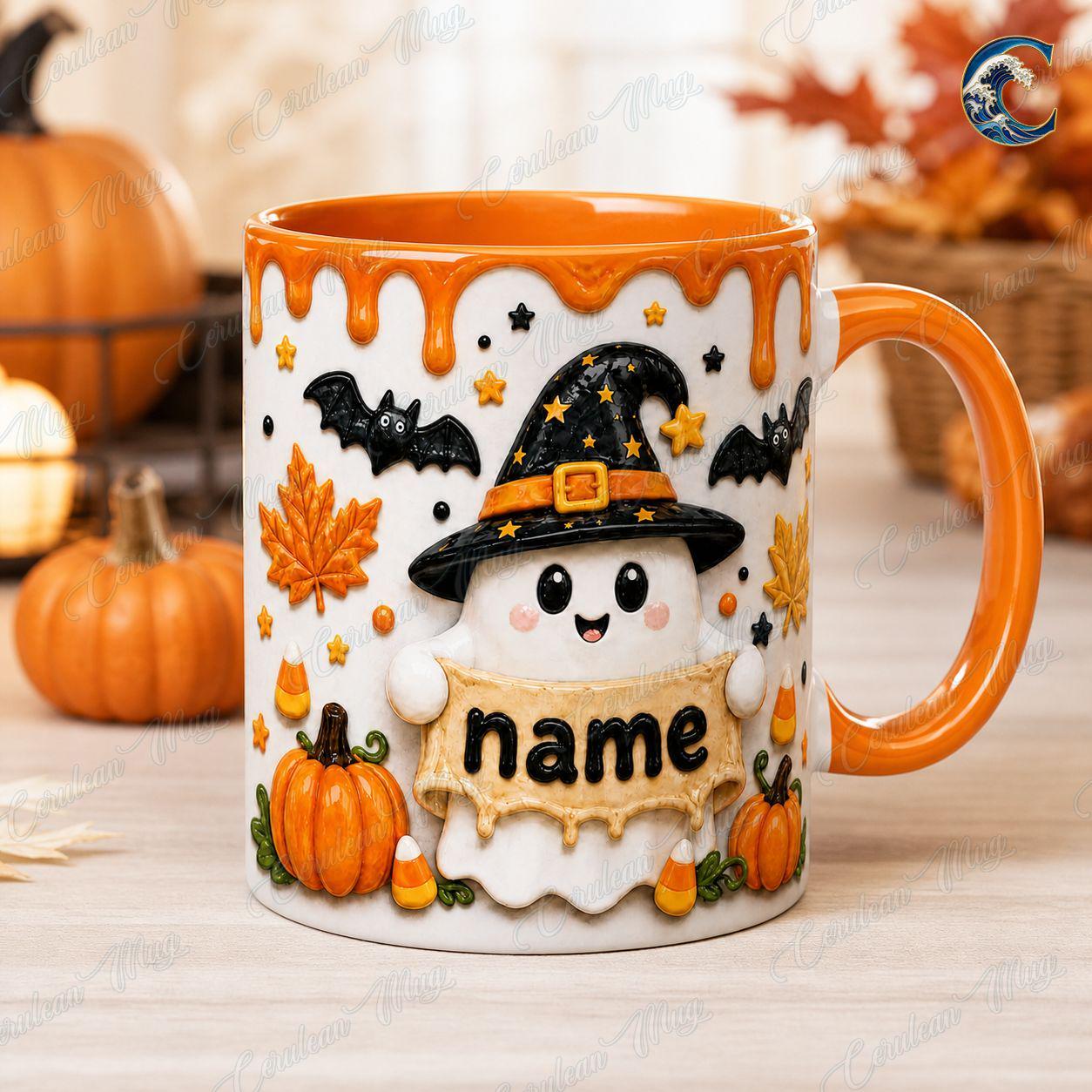 Personalized Halloween Ghost Mug, Custom Name Coffee Mug, Cute Witch Ghost Mug, Witch Hat Pumpkin Candy Mug, Halloween Party Gift