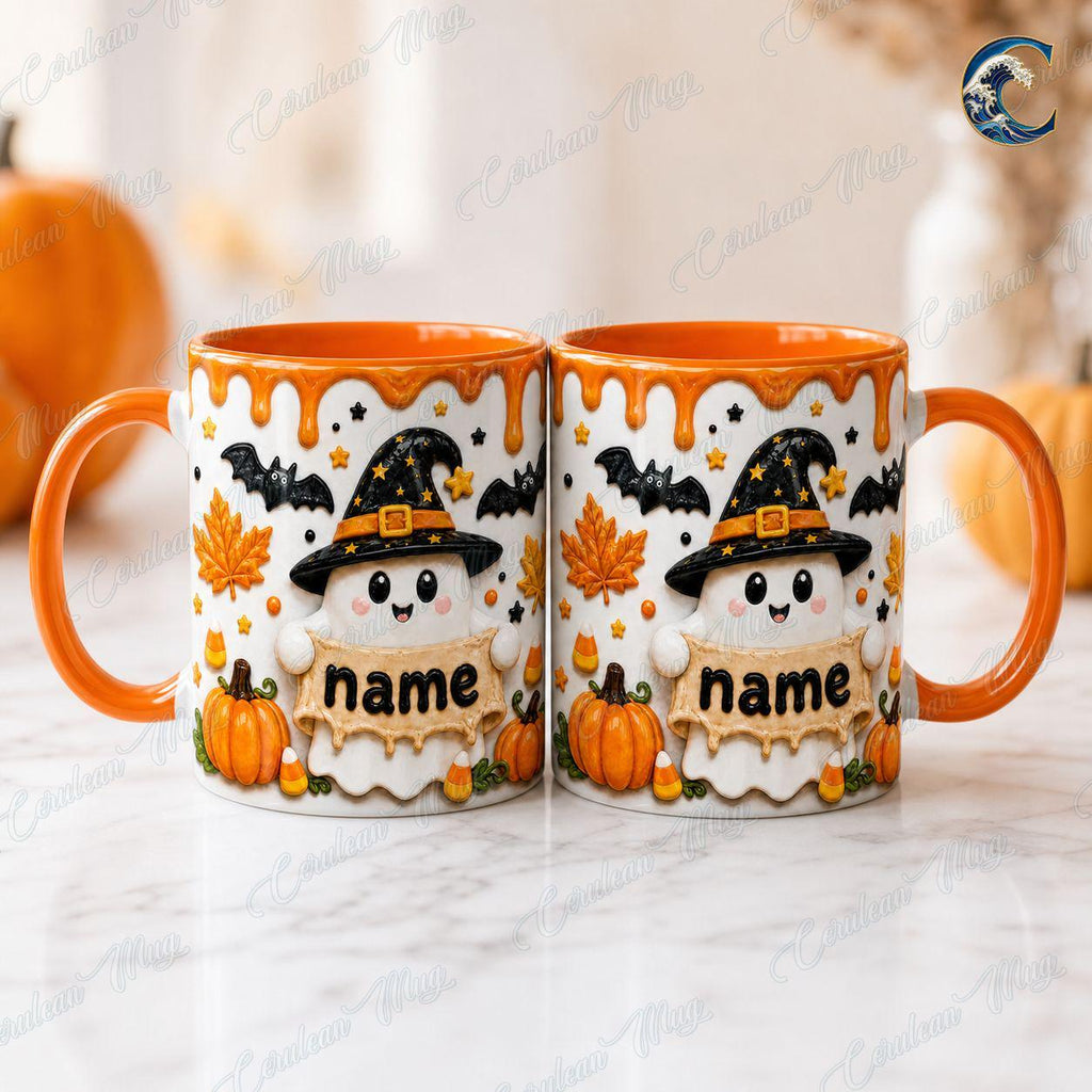 Personalized Halloween Ghost Mug, Custom Name Coffee Mug, Cute Witch Ghost Mug, Witch Hat Pumpkin Candy Mug, Halloween Party Gift