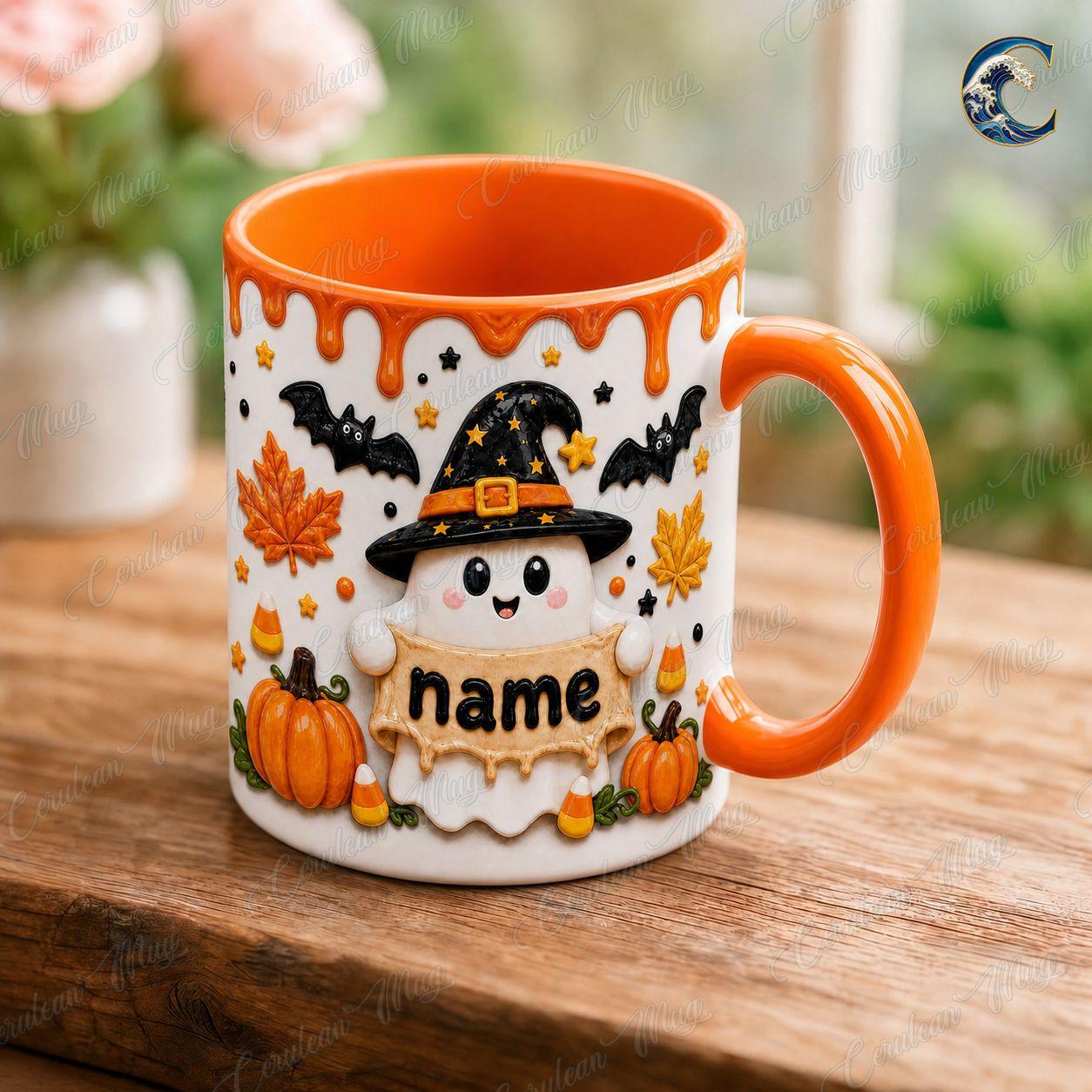 Personalized Halloween Ghost Mug, Custom Name Coffee Mug, Cute Witch Ghost Mug, Witch Hat Pumpkin Candy Mug, Halloween Party Gift