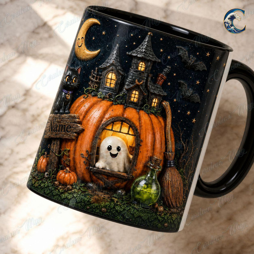 Personalized Halloween Mug, Custom Name Coffee Mug, Pumpkin House Night Mug, Black Cat Ghost Moon Mug, Spooky Season Gift
