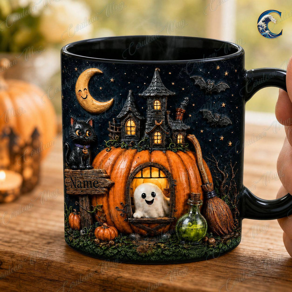 Personalized Halloween Mug, Custom Name Coffee Mug, Pumpkin House Night Mug, Black Cat Ghost Moon Mug, Spooky Season Gift