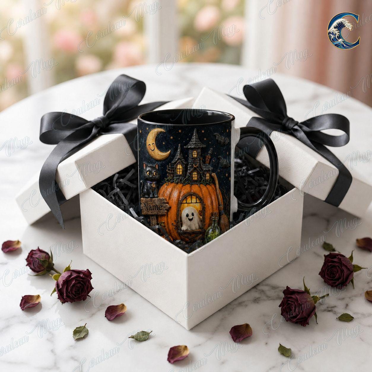 Personalized Halloween Mug, Custom Name Coffee Mug, Pumpkin House Night Mug, Black Cat Ghost Moon Mug, Spooky Season Gift