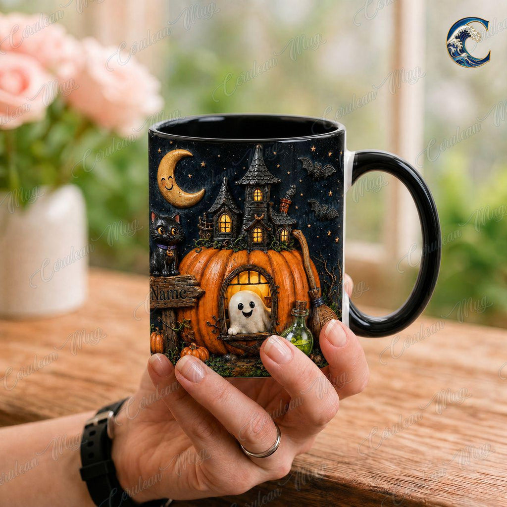 Personalized Halloween Mug, Custom Name Coffee Mug, Pumpkin House Night Mug, Black Cat Ghost Moon Mug, Spooky Season Gift