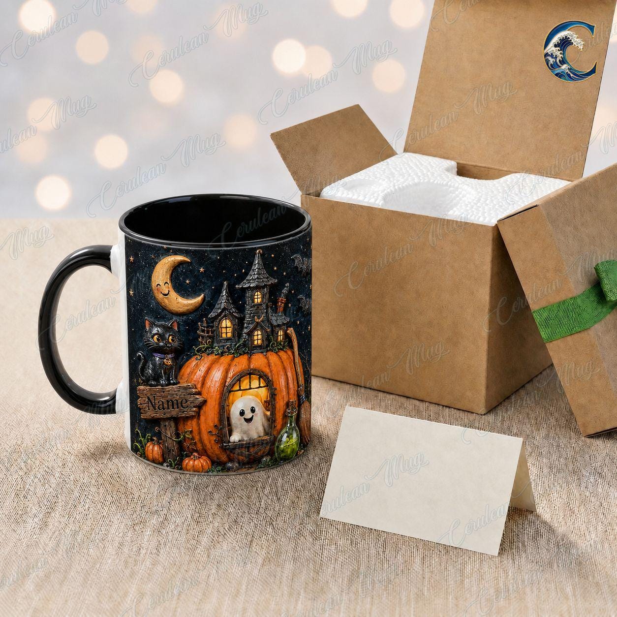 Personalized Halloween Mug, Custom Name Coffee Mug, Pumpkin House Night Mug, Black Cat Ghost Moon Mug, Spooky Season Gift