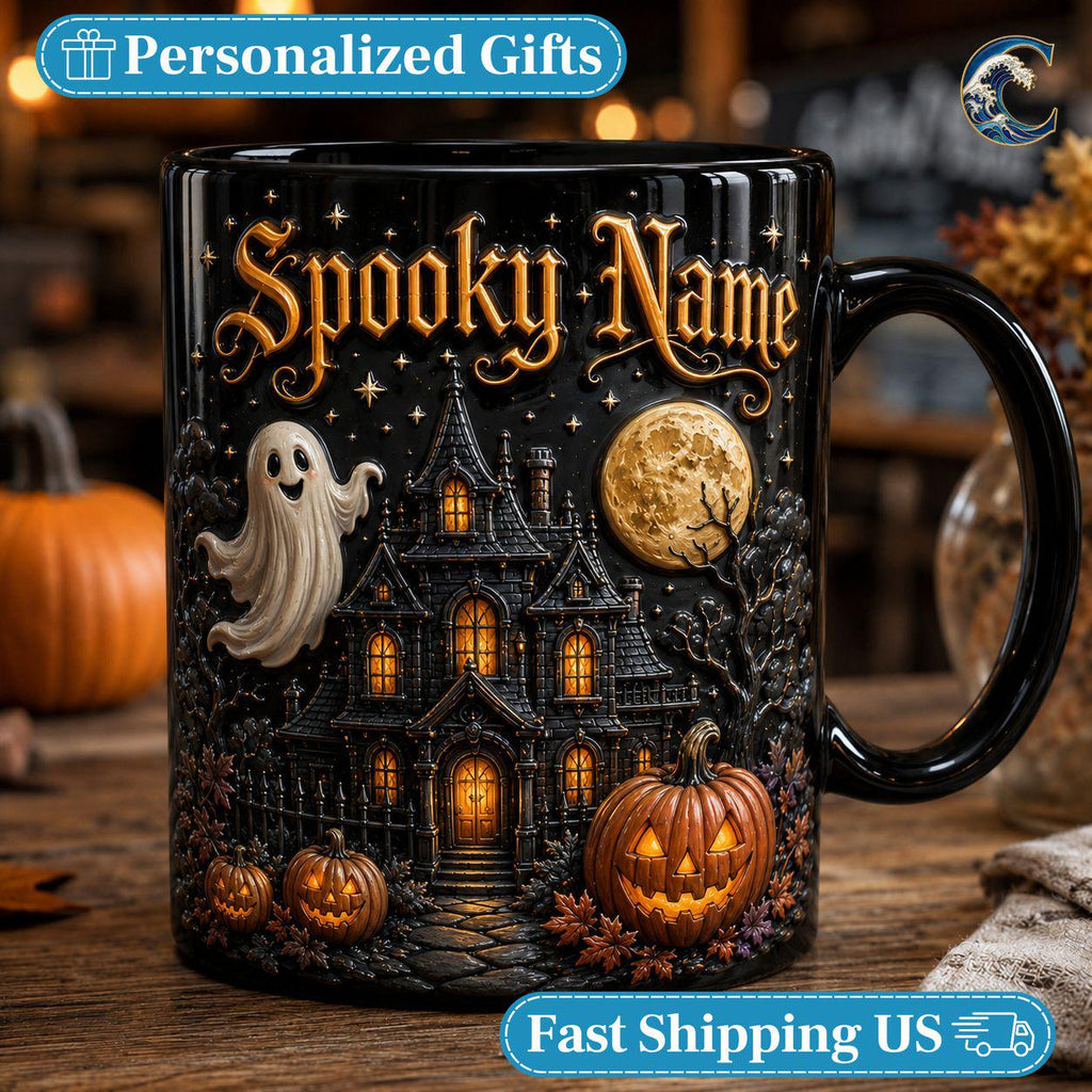 Personalized Spooky Name Mug, Custom Haunted House Coffee Mug, Ghost Mansion Mug, Black Halloween Manor Mug, Spooky Night Gift