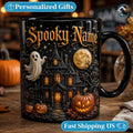 Personalized Spooky Name Mug, Custom Haunted House Coffee Mug, Ghost Mansion Mug, Black Halloween Manor Mug, Spooky Night Gift