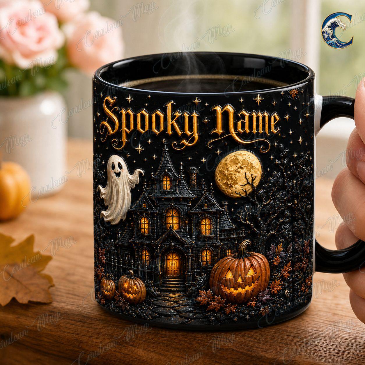 Personalized Spooky Name Mug, Custom Haunted House Coffee Mug, Ghost Mansion Mug, Black Halloween Manor Mug, Spooky Night Gift