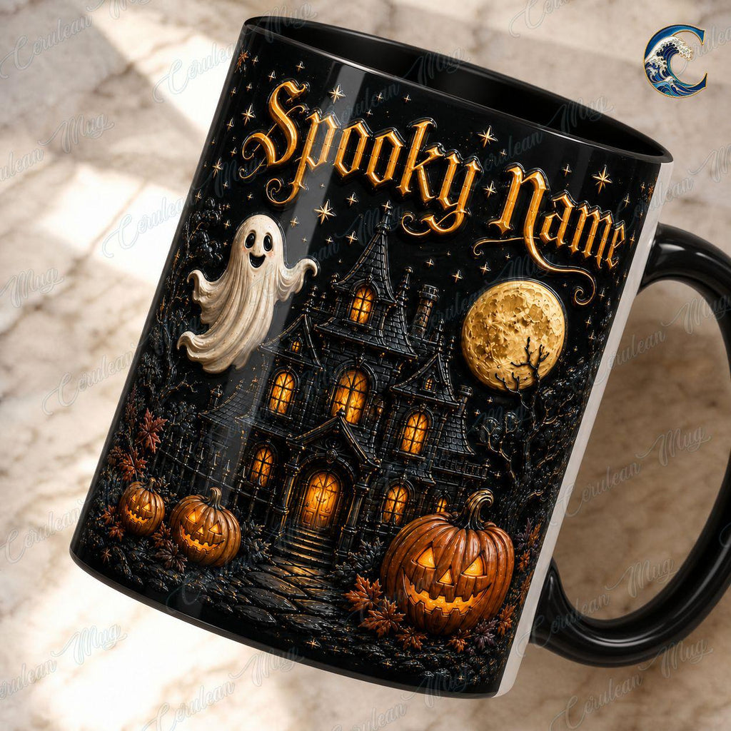 Personalized Spooky Name Mug, Custom Haunted House Coffee Mug, Ghost Mansion Mug, Black Halloween Manor Mug, Spooky Night Gift