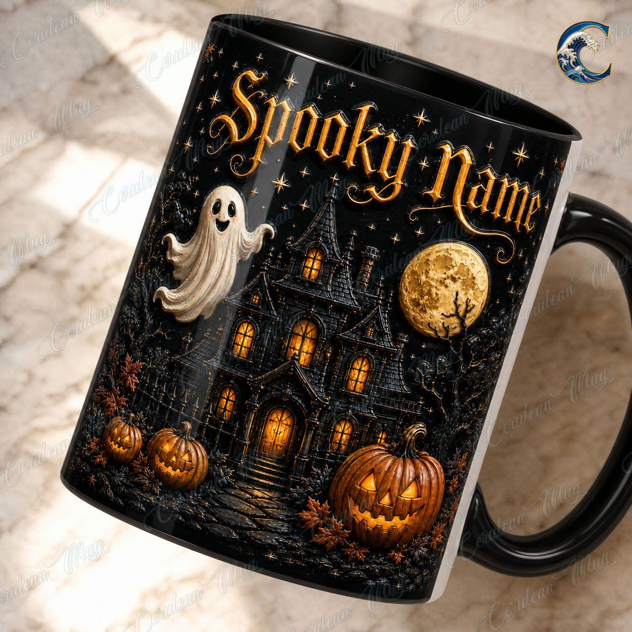 Personalized Spooky Name Mug, Custom Haunted House Coffee Mug, Ghost Mansion Mug, Black Halloween Manor Mug, Spooky Night Gift