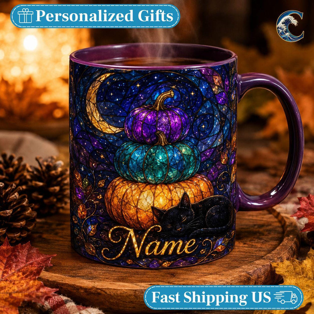 Personalized Pumpkin Stack Mug, Black Cat Autumn Coffee Mug, Stained Glass Pumpkin Mug, Black Cat Autumn Night Mug, Fall Season Gift
