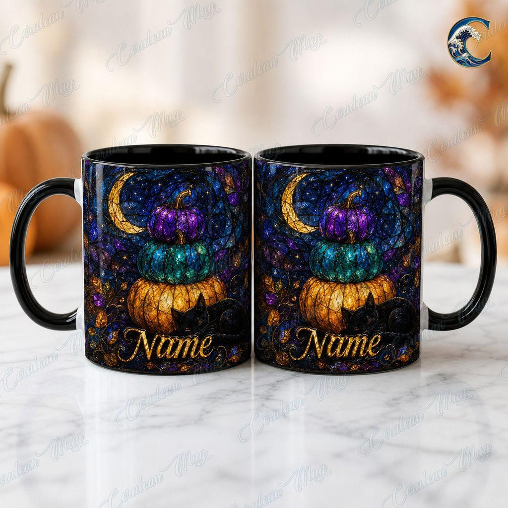 Personalized Pumpkin Stack Mug, Black Cat Autumn Coffee Mug, Stained Glass Pumpkin Mug, Black Cat Autumn Night Mug, Fall Season Gift