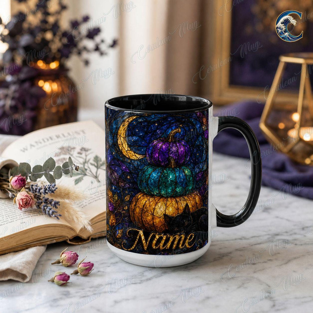 Personalized Pumpkin Stack Mug, Black Cat Autumn Coffee Mug, Stained Glass Pumpkin Mug, Black Cat Autumn Night Mug, Fall Season Gift