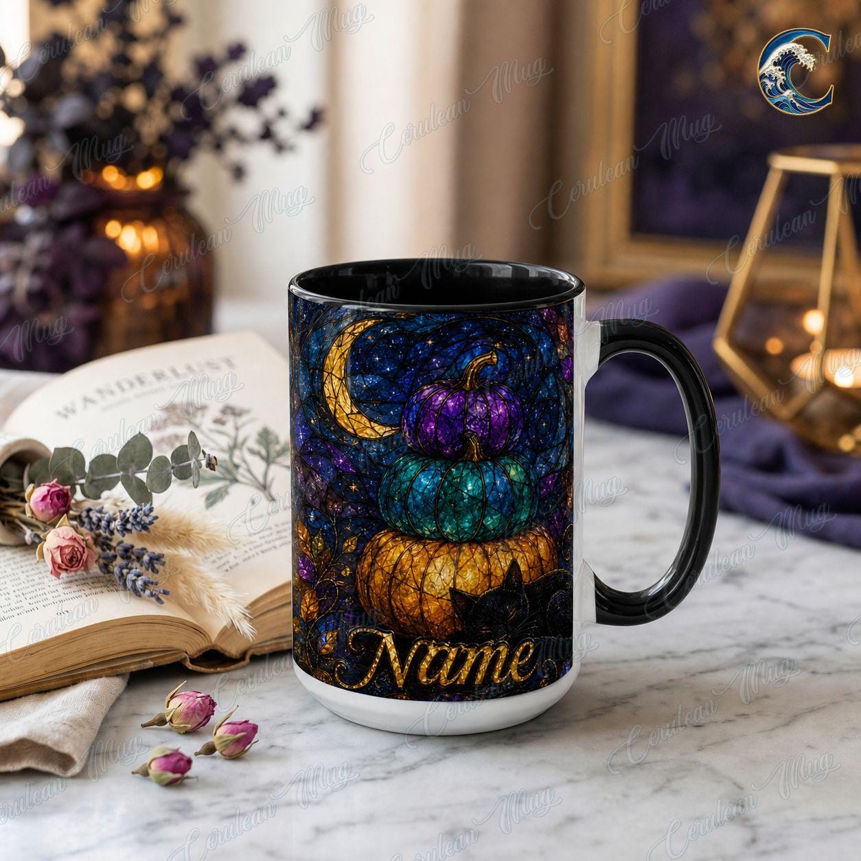 Personalized Pumpkin Stack Mug, Black Cat Autumn Coffee Mug, Stained Glass Pumpkin Mug, Black Cat Autumn Night Mug, Fall Season Gift