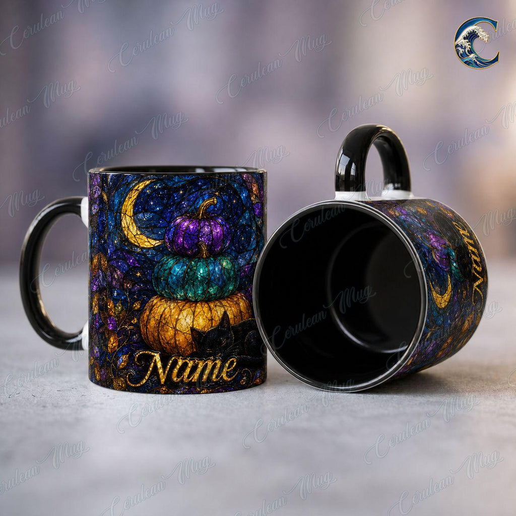 Personalized Pumpkin Stack Mug, Black Cat Autumn Coffee Mug, Stained Glass Pumpkin Mug, Black Cat Autumn Night Mug, Fall Season Gift