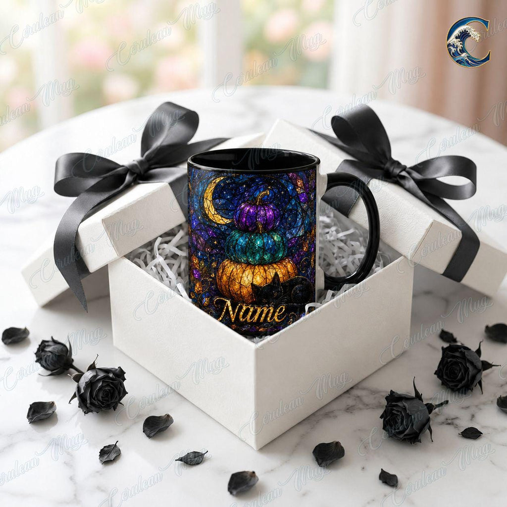 Personalized Pumpkin Stack Mug, Black Cat Autumn Coffee Mug, Stained Glass Pumpkin Mug, Black Cat Autumn Night Mug, Fall Season Gift